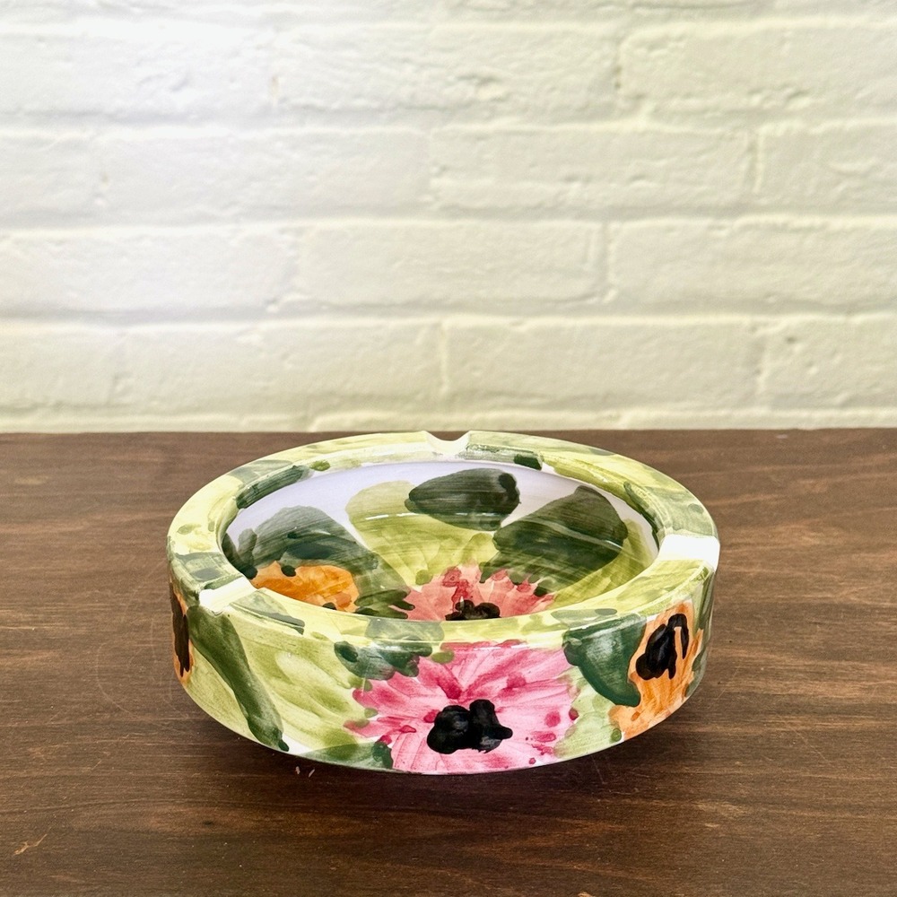 Vintage Italian Hand Painted Floral Ceramic Ashtray Round Pink Green Italy Decor
